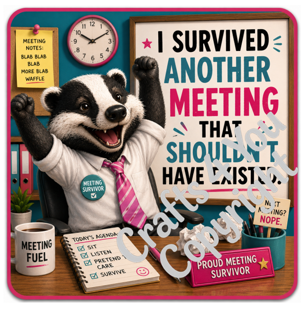 Funny office coaster collection with witty quotes about meetings, productivity and working life, designed to add personality to any workspace, break room or home office.