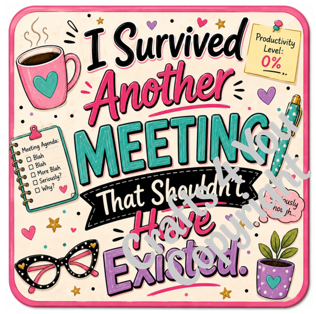 Funny office coaster collection with witty quotes about meetings, productivity and working life, designed to add personality to any workspace, break room or home office.