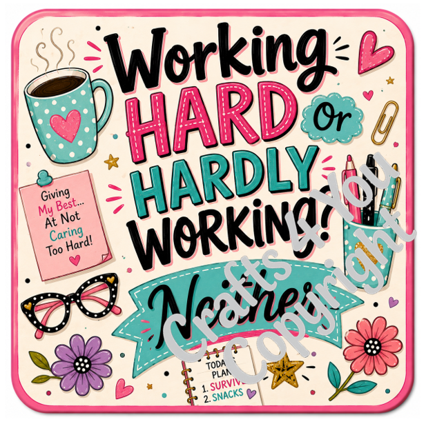 Sarcastic workplace coaster set featuring humorous illustrations of coffee mugs, sloths and cats alongside funny work-related slogans, making a great leaving, retirement or Secret Santa gift.