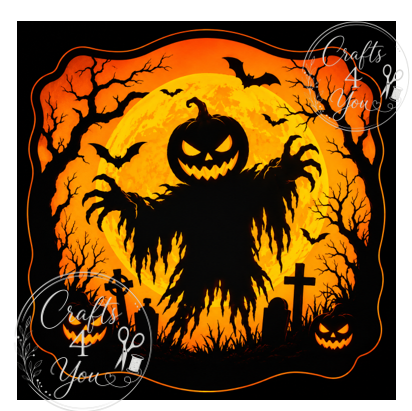 Halloween graphic design featuring a large black scarecrow silhouette in front of a glowing orange full moon, with jack-o'-lanterns, bare trees, bats, and tombstones on a black background. Two circular 'Crafts 4 You' watermarks are visible.