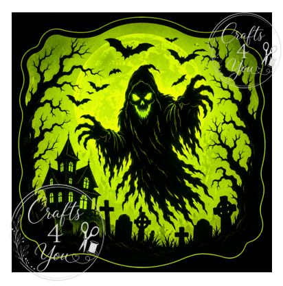 Halloween graphic design featuring a spooky green and black scene with a ghost, bats, a haunted house, tombstones, and bare trees, with visible 'Crafts 4 You' watermarks.