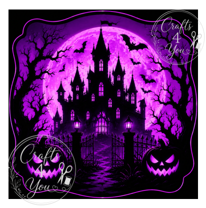 Halloween-themed graphic design featuring a black haunted castle silhouette in front of a glowing purple full moon, with bare trees, bats, a gate, and jack-o'-lanterns. The artwork is framed by a decorative border and includes visible 'Crafts 4 You' watermarks.