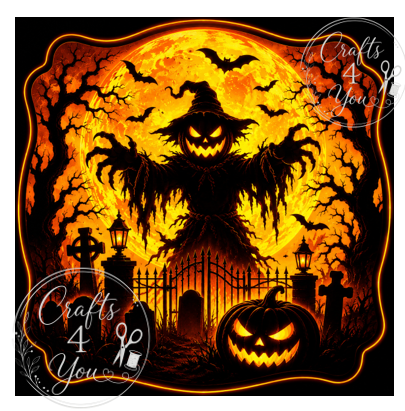 Halloween-themed graphic design featuring a black scarecrow silhouette in front of a glowing orange full moon, with bats, bare trees, tombstones, a gate, and a jack-o'-lantern pumpkin. Watermarks reading 'Crafts 4 You' appear in the corners.