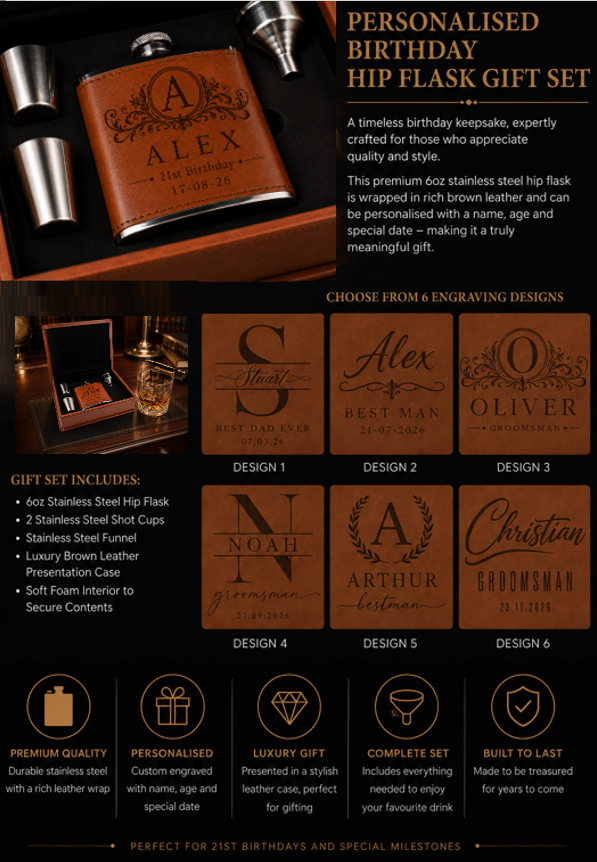 A promotional graphic for a personalised birthday hip flask gift set, showing a brown engraved flask, a glass of amber drink, and multiple engraving design options on a dark background with text describing the set contents and customization.