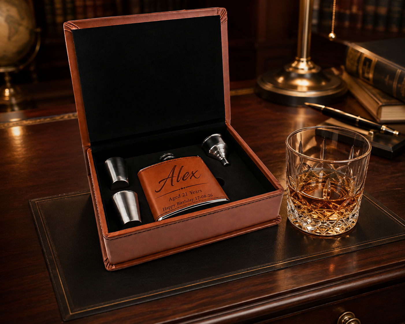 A personalized whiskey gift set displayed in an open brown leather box on a dark wooden desk, next to a glass of amber whiskey. The set includes a brown leather flask engraved with the name 'Alex', a silver-and-black jigger, and a silver-and-black tumbler.