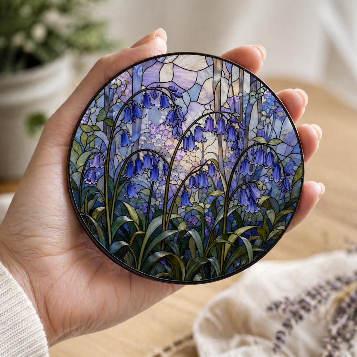 Round acrylic drink coaster featuring cascading purple bluebells in a stained glass effect with soft woodland background