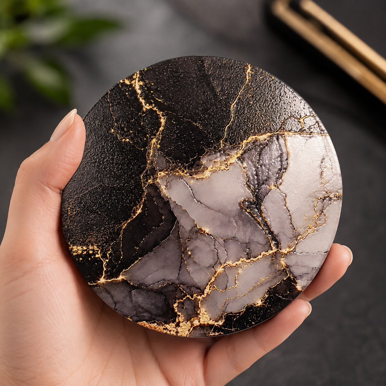 A hand holds a round coaster featuring a black and gray marble pattern with metallic gold veins, set against a dark textured background.