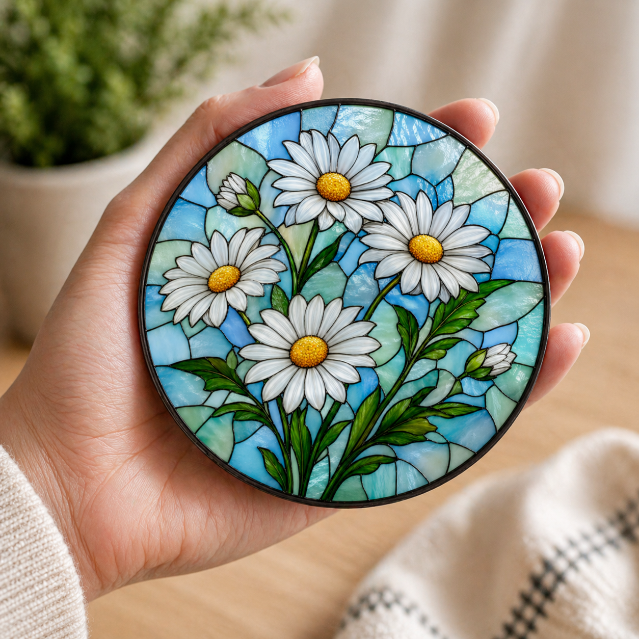 Daisy Stained Glass Coaster, White Floral Acrylic Drink Coaster with Cork Backing, Spring Cottagecore Decor, Flower Gift Set