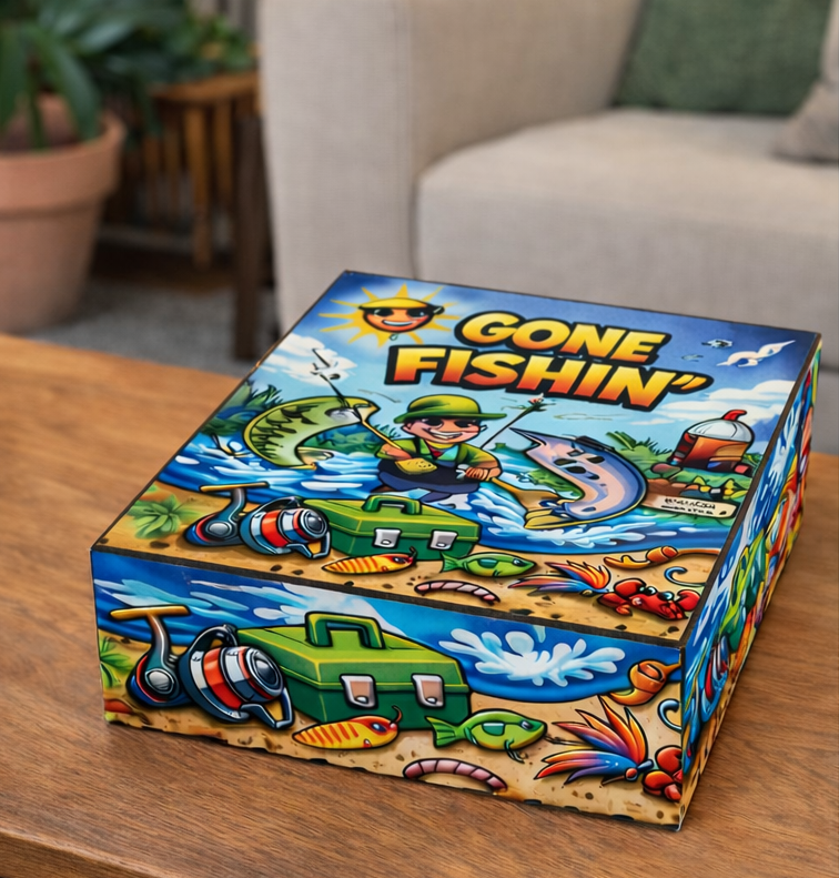 Colourful Gone Fishing wooden tackle bits and bobs box with 16 small compartments for hooks and weights