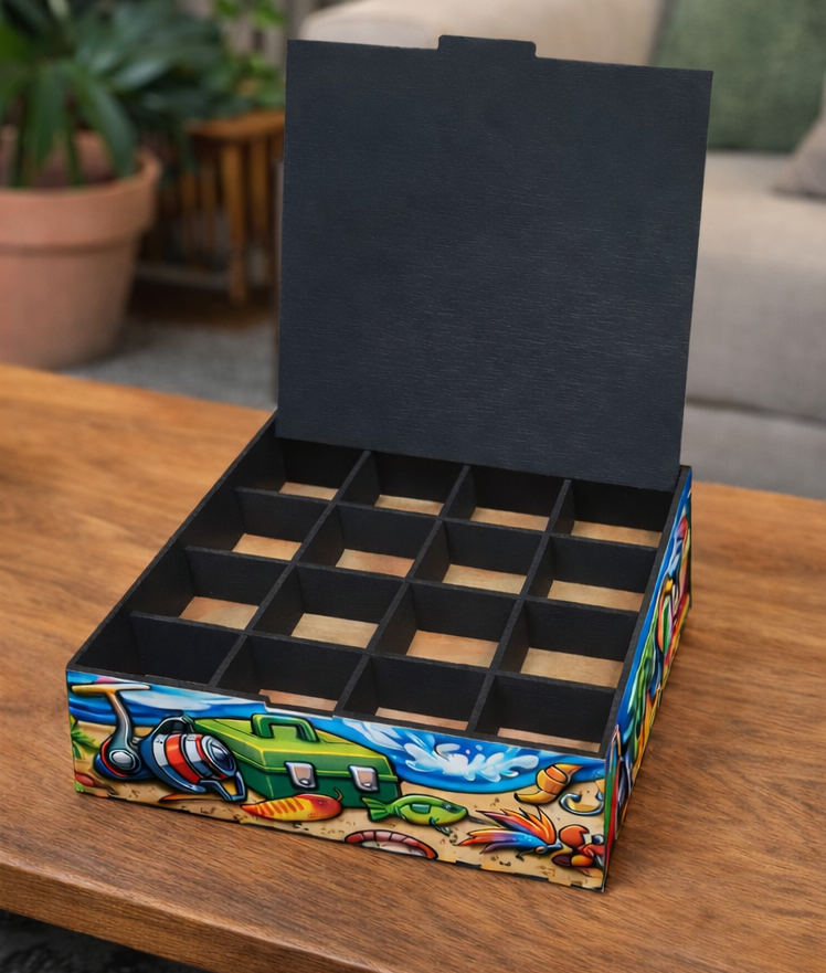 Gone Fishing wooden fishing tackle box with 16 compartments.