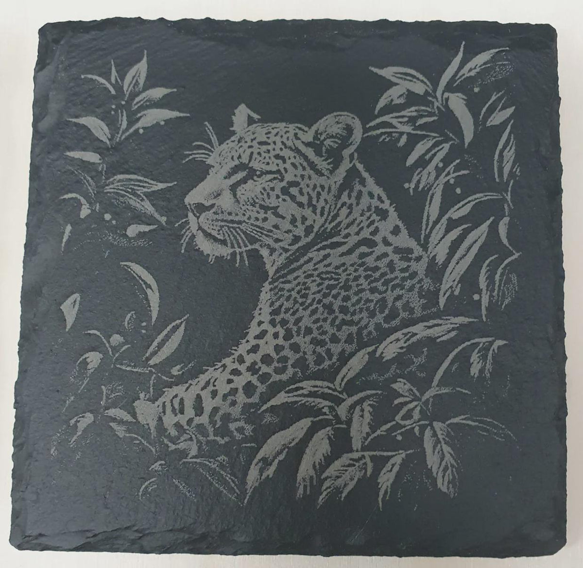 Laser-engraved big cat slate tile set with lion, tiger, leopard and panther, presented in a wooden storage box. Unique wildlife lover gift, housewarming or holiday present, slate art décor set for animal enthusiast homes.