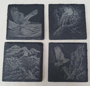 4-piece laser-engraved birds of prey slate tile set featuring eagle, owl, falcon and kestrel designs on premium natural slate. Wildlife themed stone tile décor set, nature lover gift, birdwatcher present, decorative coasters or wall art for rustic home décor