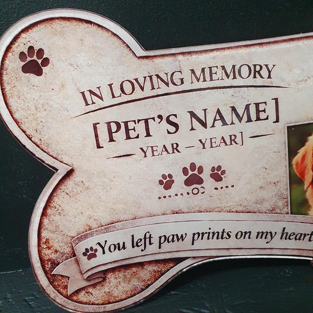 Custom pet loss plaque for dogs or cats featuring engraved style text, paw prints and “You left paw prints on my heart” quote.