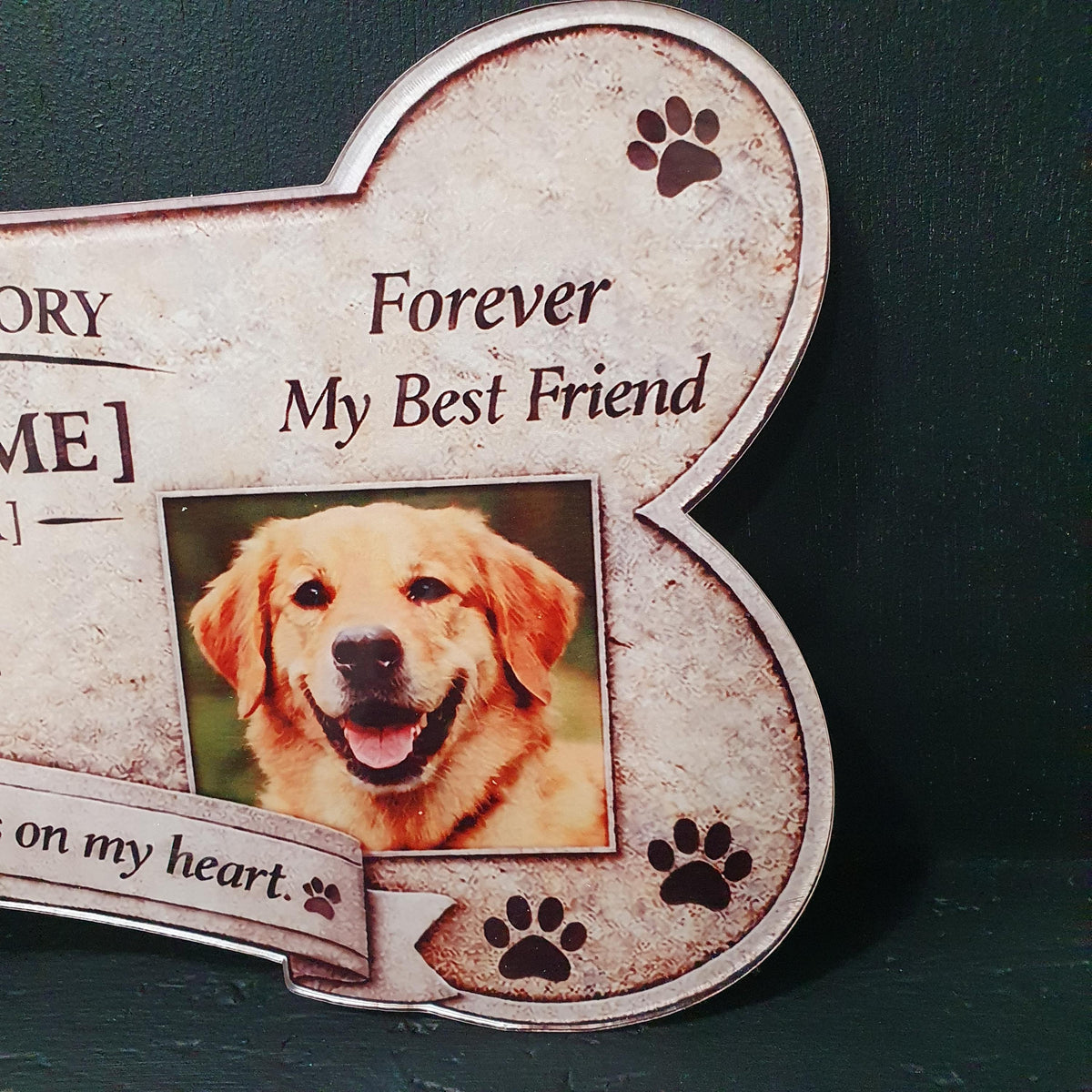 Freestanding personalised pet memorial keepsake, bone shaped remembrance plaque with photo insert, sympathy gift for dog or cat loss.