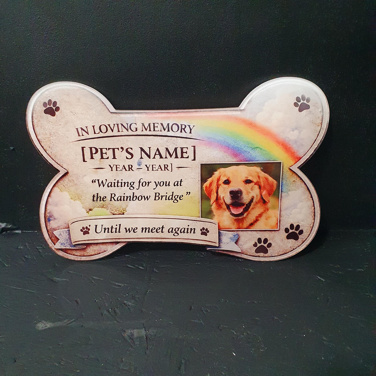 Personalised Rainbow Bridge pet memorial plaque with photo, bone shaped dog or cat remembrance gift, custom name and dates 24cm x 15.5cm.