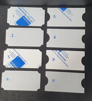 Premium 3mm cast acrylic ticket blanks in two decorative ticket styles, shown in clear, white, sparkling and clear with white reverse sublimation finish options.