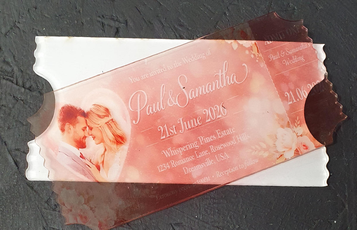 Blank 14cm x 7cm ticket shape in 3mm cast acrylic with protective film applied, ready for sublimation or vinyl customisation.