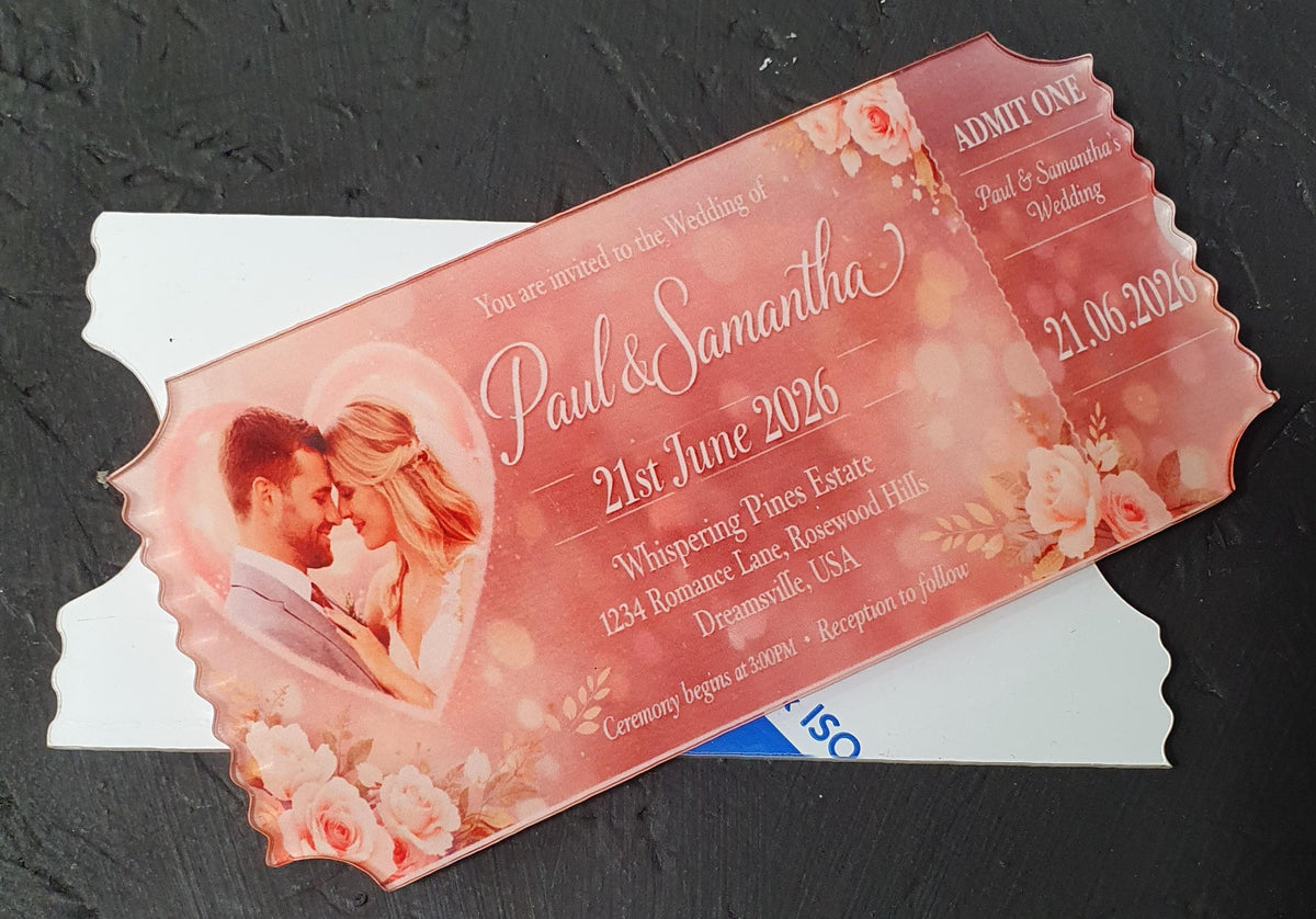 White cast acrylic ticket blank printed with romantic wedding invitation artwork, showing bold colour contrast and smooth surface quality.