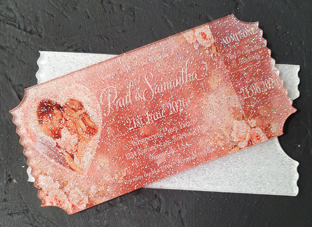 Sparkling cast acrylic ticket blank with sublimation design, highlighting subtle glitter shimmer effect through the printed artwork.