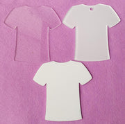 Set of 3mm acrylic shirt blanks in clear, white and clear with white sublimation reverse finishes, measuring 9.5cm by 9.5cm with optional hanging hole at the top.