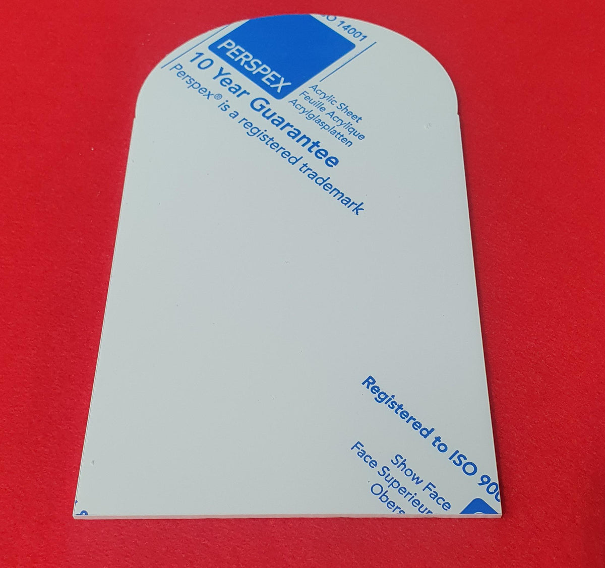 White acrylic arch sign panel close up showing solid surface suitable for vinyl, sublimation and UV printing.