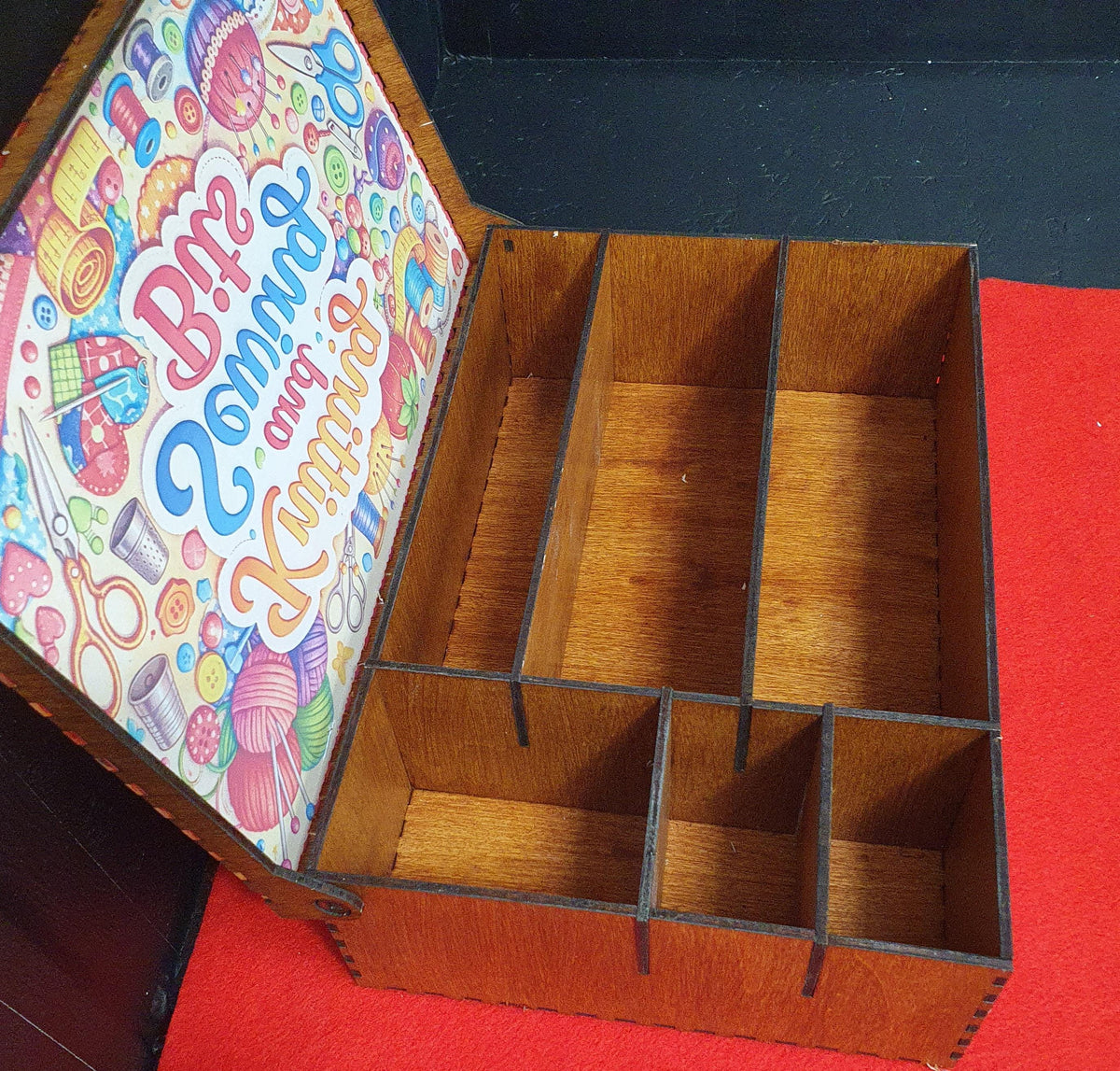Sewing and knitting organiser gift box for crafters featuring vibrant lid artwork and sturdy wooden construction