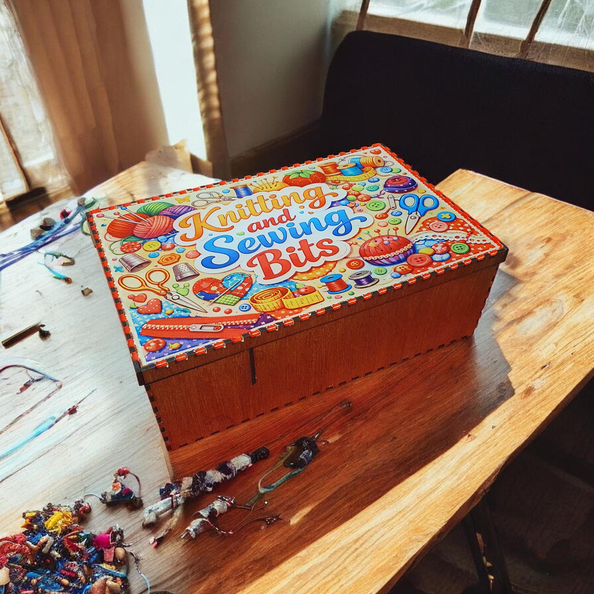 Wooden knitting and sewing storage box with colourful acrylic “Knitting and Sewing Bits” lid displayed closed on red background
