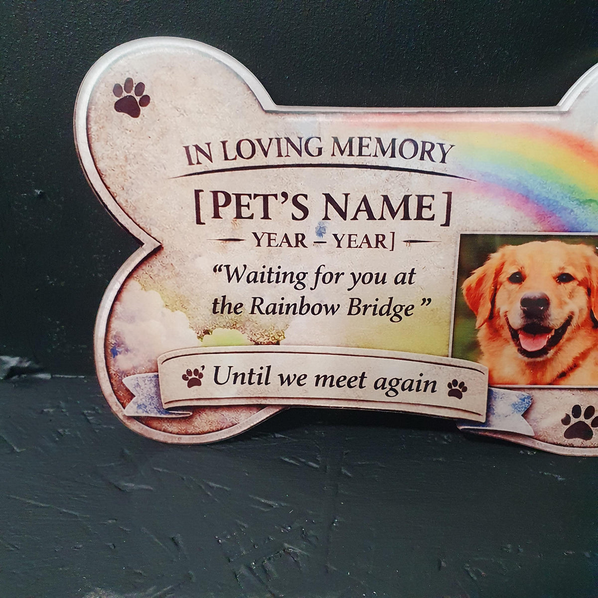 Bone shaped personalised pet bereavement plaque with photo insert, Rainbow Bridge tribute gift for dog or cat lovers.