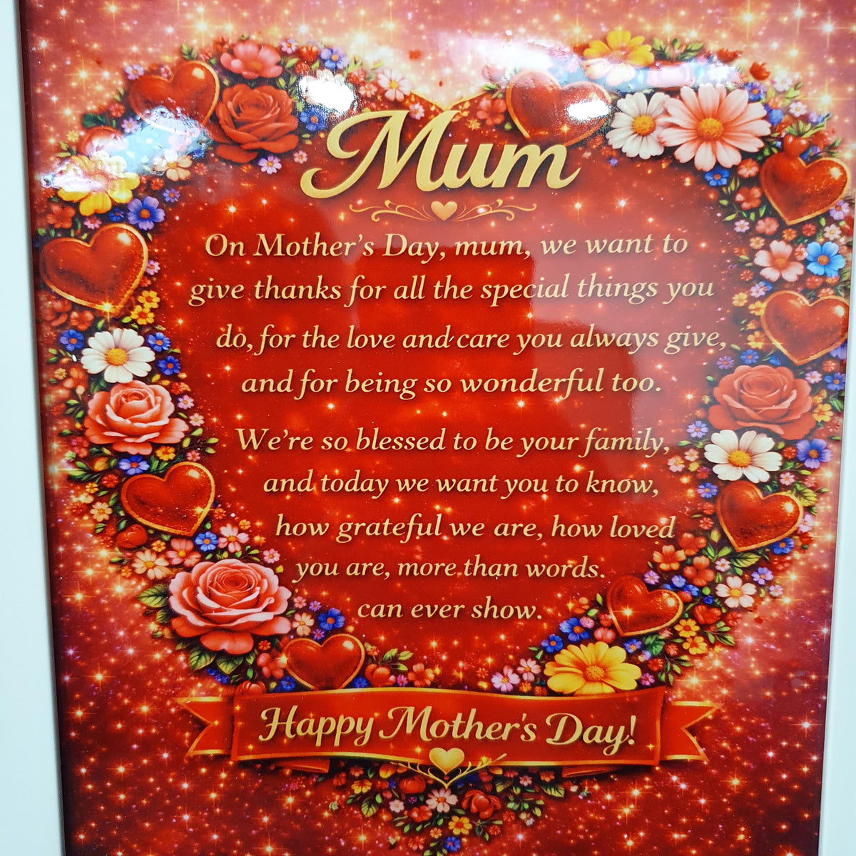 Close-up of Mother’s Day Mum poem print with red floral heart design, roses, daisies, and Happy Mother’s Day banner in elegant gold lettering.