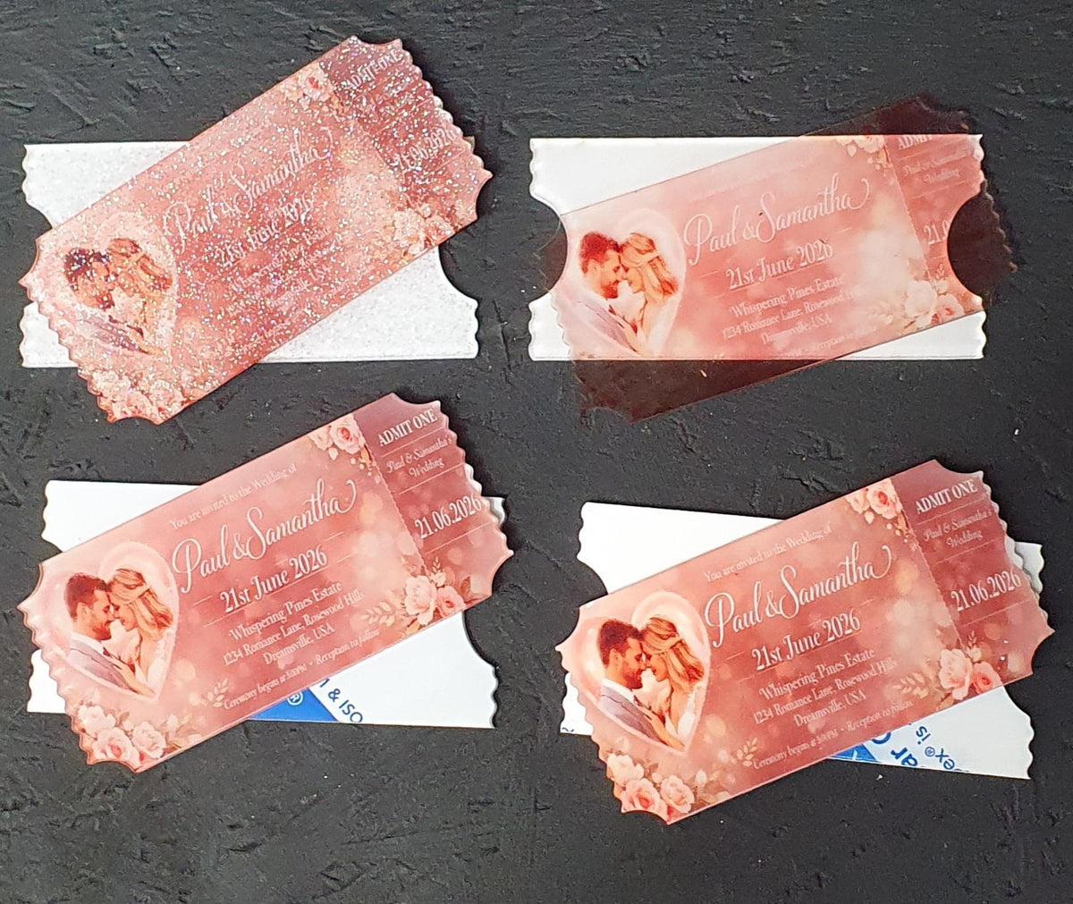 Close-up of clear cast acrylic ticket blank with vibrant sublimation wedding design, demonstrating sharp colour transfer and glossy professional finish.