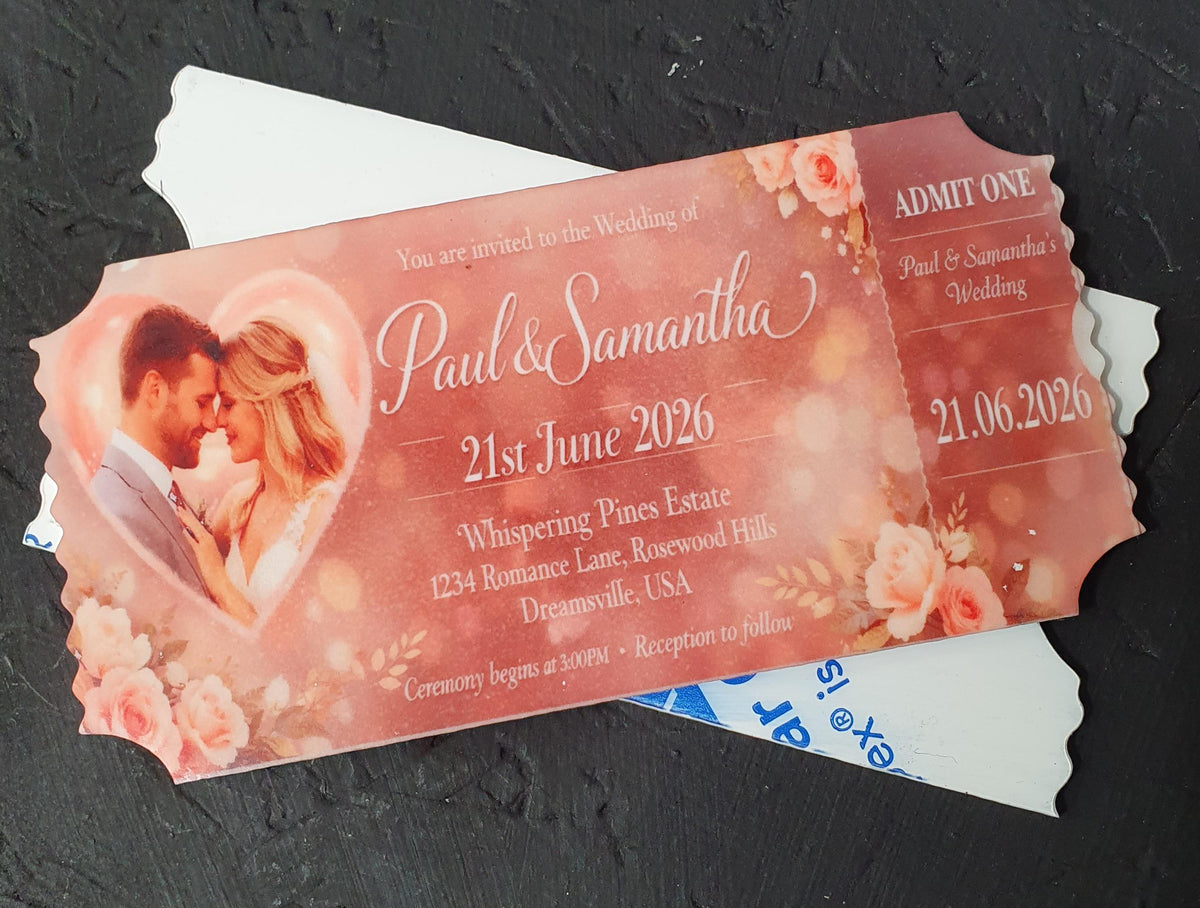 Clear acrylic ticket blank with white sublimation reverse layer, designed to enhance colour vibrancy while maintaining a modern transparent edge.