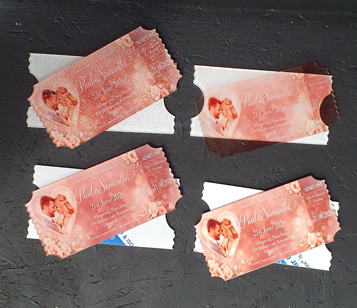White cast acrylic ticket blank printed with romantic wedding invitation artwork, showing bold colour contrast and smooth surface quality.