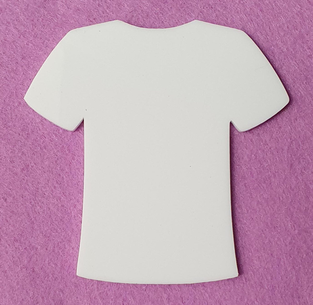 White acrylic shirt blank without hanging hole showing solid top edge, ideal for flat mounting, UV printing or personalised team gifts.