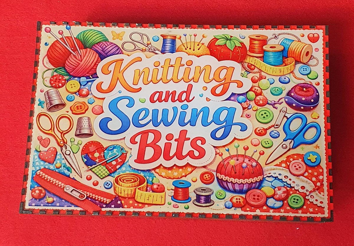 3mm stained plywood sewing box with hinged lid and bright illustrated craft themed acrylic top