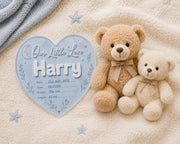 Custom baby boy birth announcement sign with heart shape design, soft blue finish, raised lettering and celestial nursery theme.