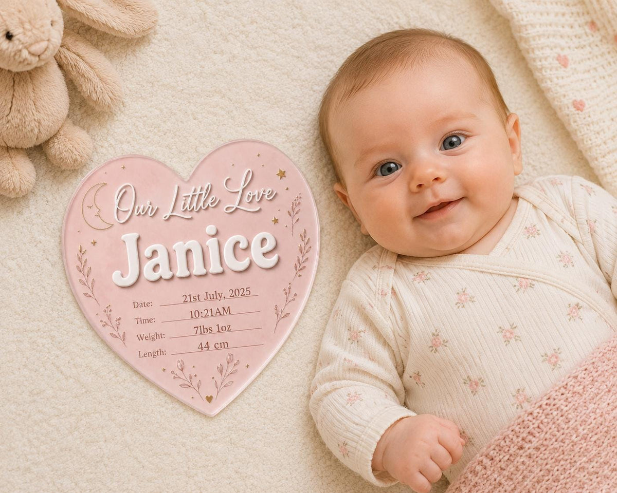 Custom nursery keepsake plaque in pink heart shape with celestial moon accents, floral details and newborn baby information.