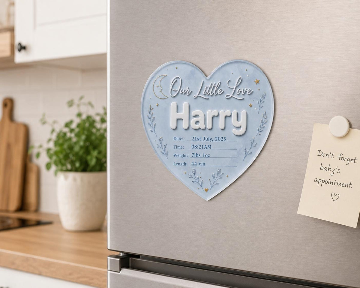 Personalized newborn announcement plaque with heart silhouette, elegant script lettering and custom baby birth information display.
