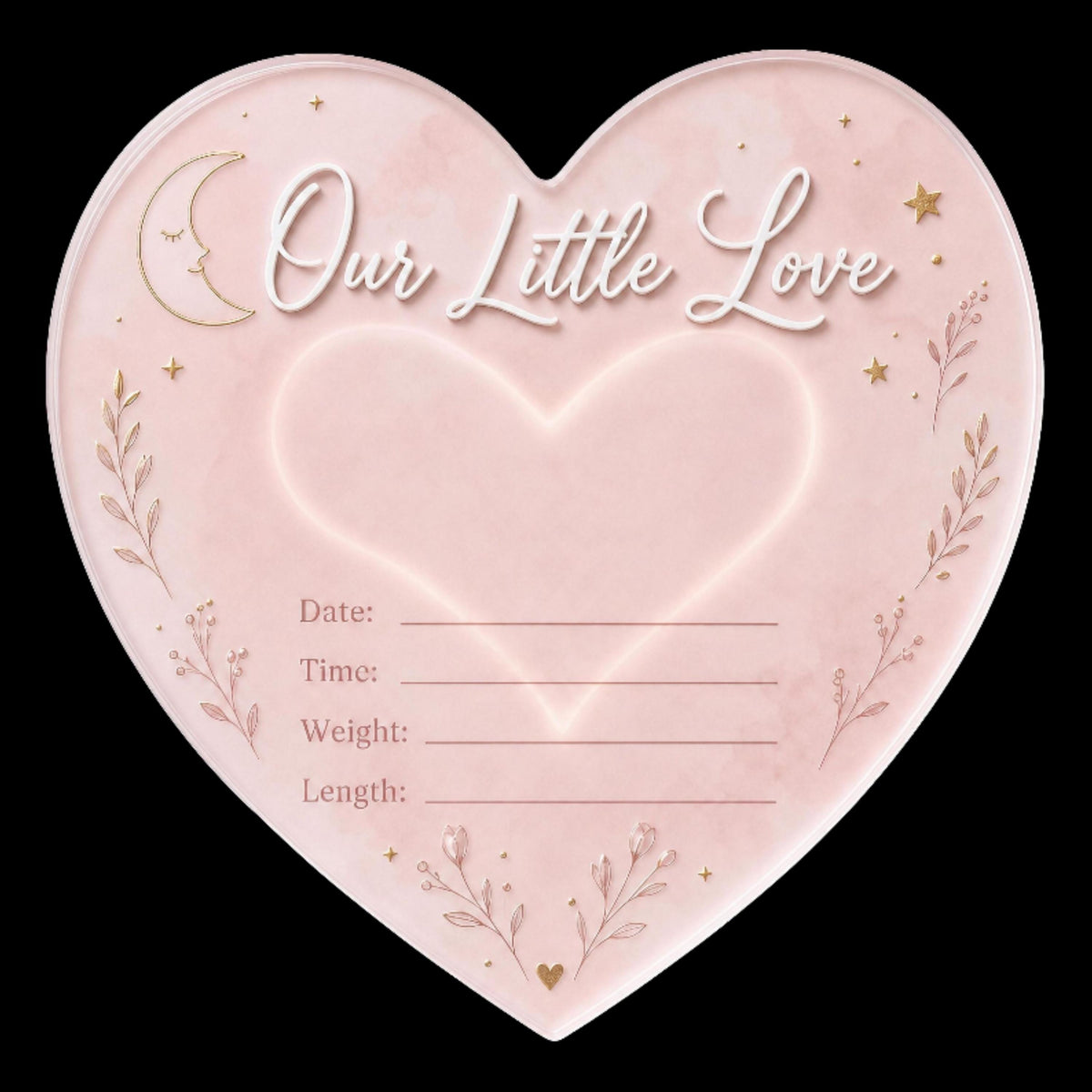 Baby girl birth announcement sign with heart design, raised white lettering and personalized date, time, weight and length details.