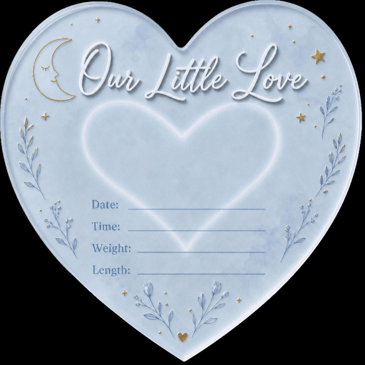 Personalized heart shaped baby announcement plaque in pastel blue with moon, stars and custom newborn birth details for nursery decor.
