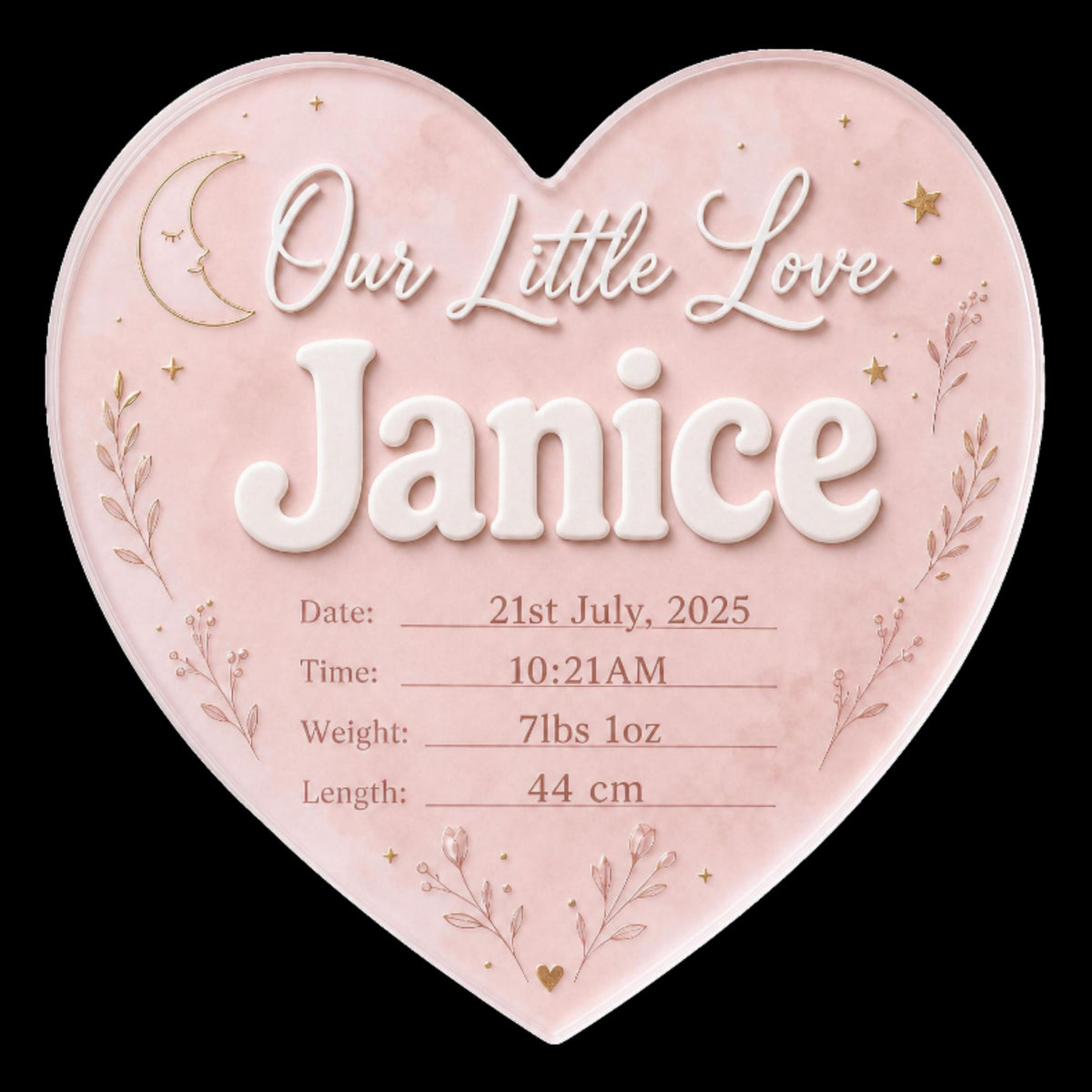 Whimsical heart shaped baby birth plaque with pastel pink finish, elegant typography and personalized newborn announcement details.