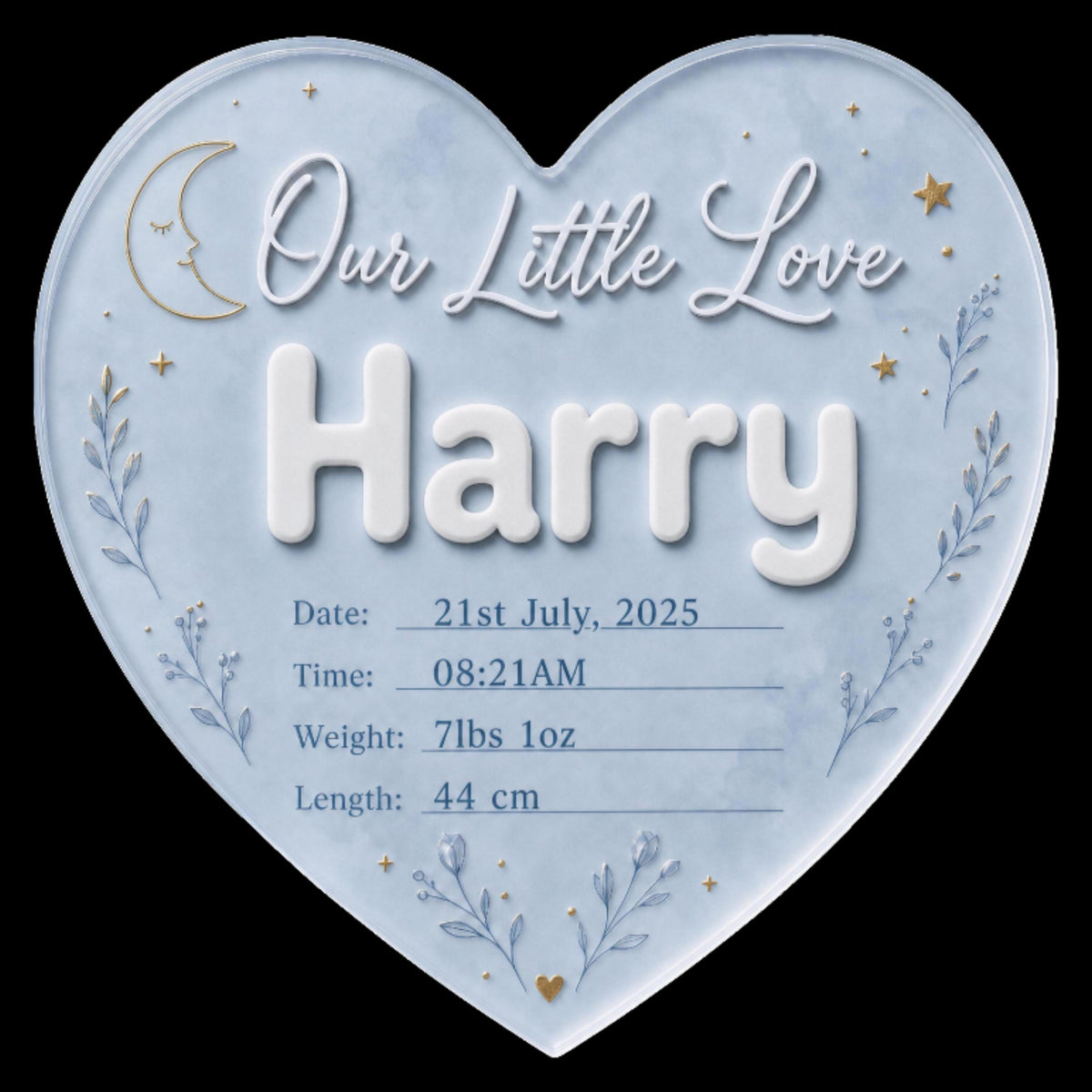 Personalized heart shaped baby announcement plaque in pastel blue with moon, stars and custom newborn birth details for nursery decor.