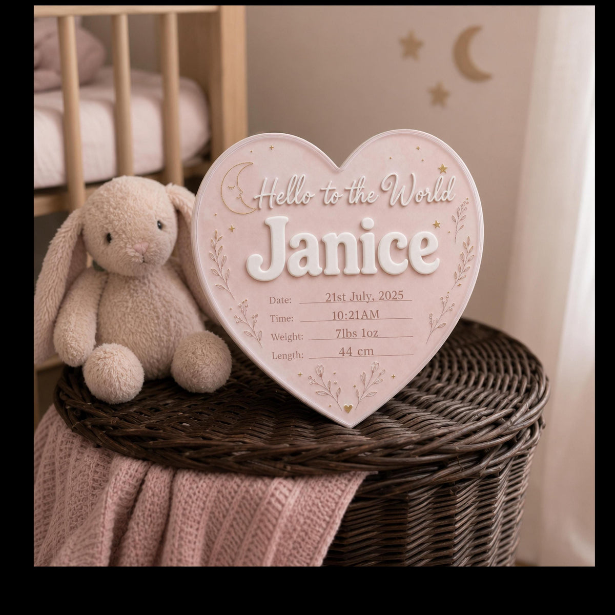 Pastel pink heart shaped baby announcement plaque with custom baby girl name, moon stars and floral nursery decorations.
