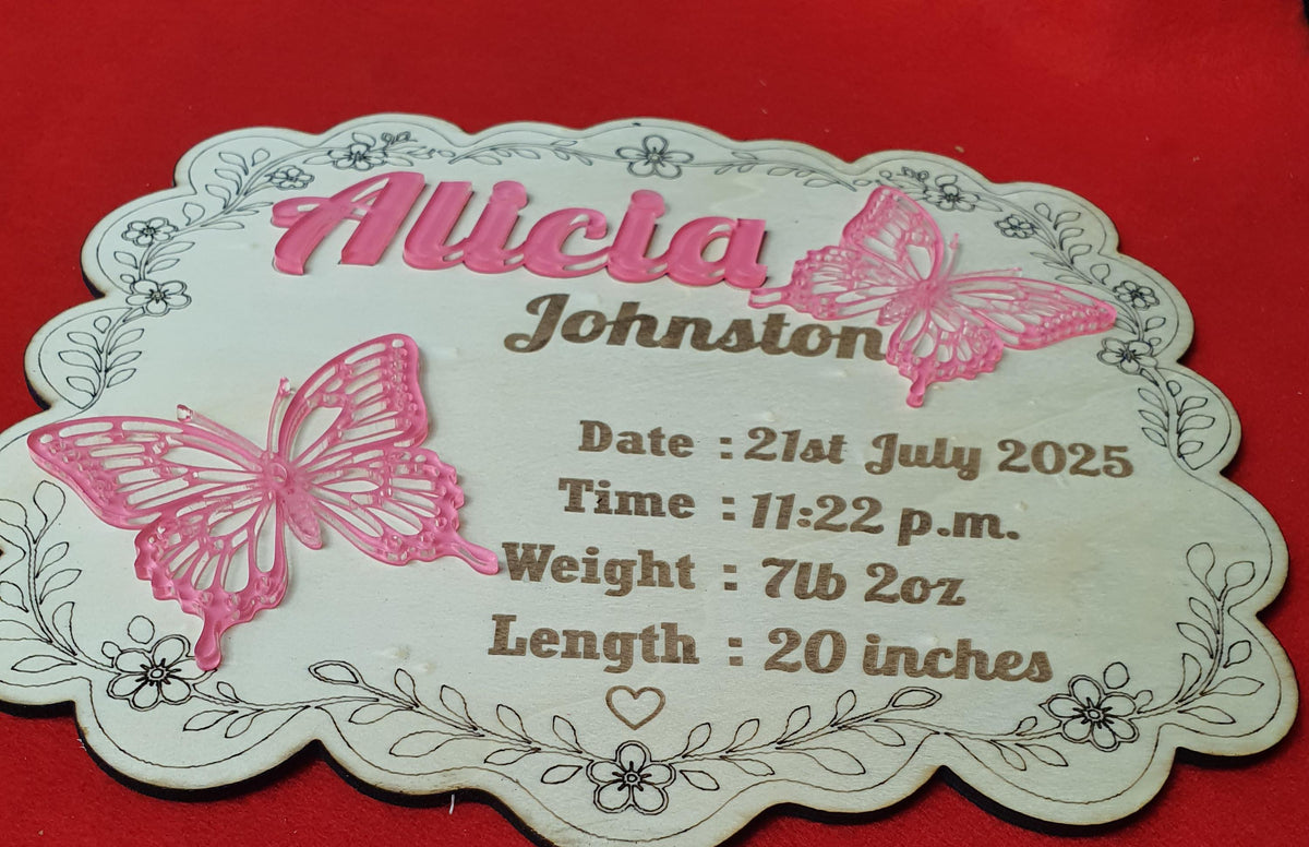 Baby Announcement Birth Sign With Butterfly | Personalized Wooden Newborn Name Sign | Custom Birth Stat Plaque | Hospital Baby Reveal Prop