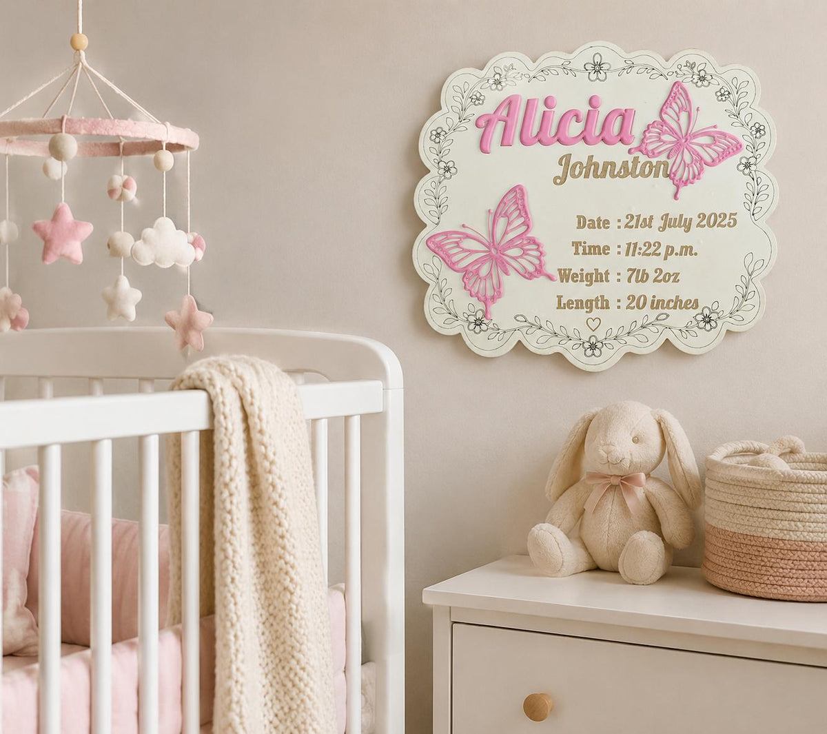 Baby Announcement Birth Sign With Butterfly | Personalized Wooden Newborn Name Sign | Custom Birth Stat Plaque | Hospital Baby Reveal Prop