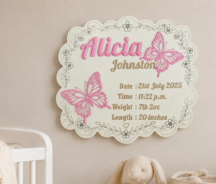 Baby Announcement Birth Sign With Butterfly | Personalized Wooden Newborn Name Sign | Custom Birth Stat Plaque | Hospital Baby Reveal Prop
