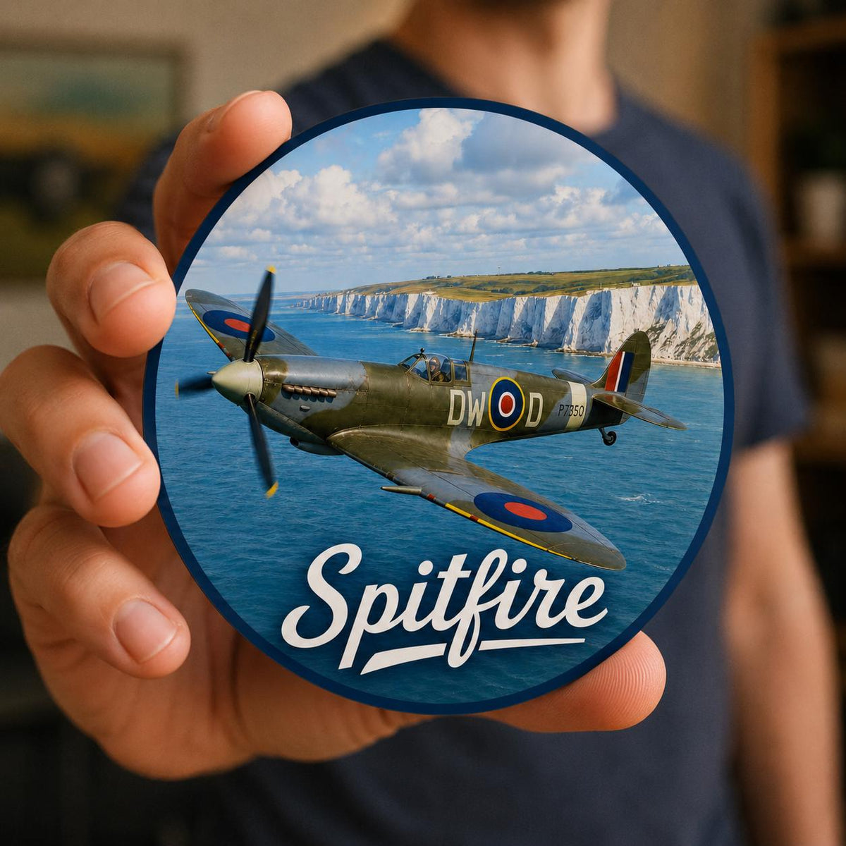 Spitfire fighter aircraft coaster with stunning RAF artwork flying along the White Cliffs, acrylic finish with cork backing, 9.5cm round.