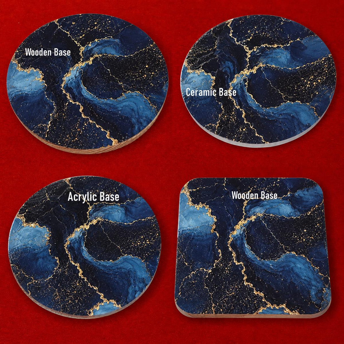 Navy blue marble effect coaster with luxurious gold veins and textured geode-inspired design.