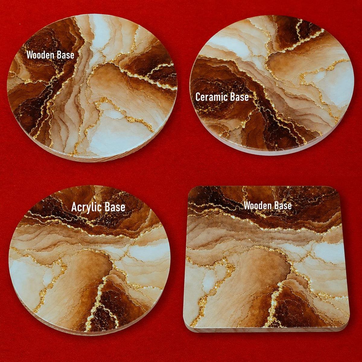 Terracotta marble effect coaster with textured gold veining held in hand, round 10cm cork backed drink coaster warm home decor