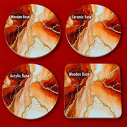Terracotta marble effect coaster with textured gold veining held in hand, round 10cm cork backed drink coaster warm home decor