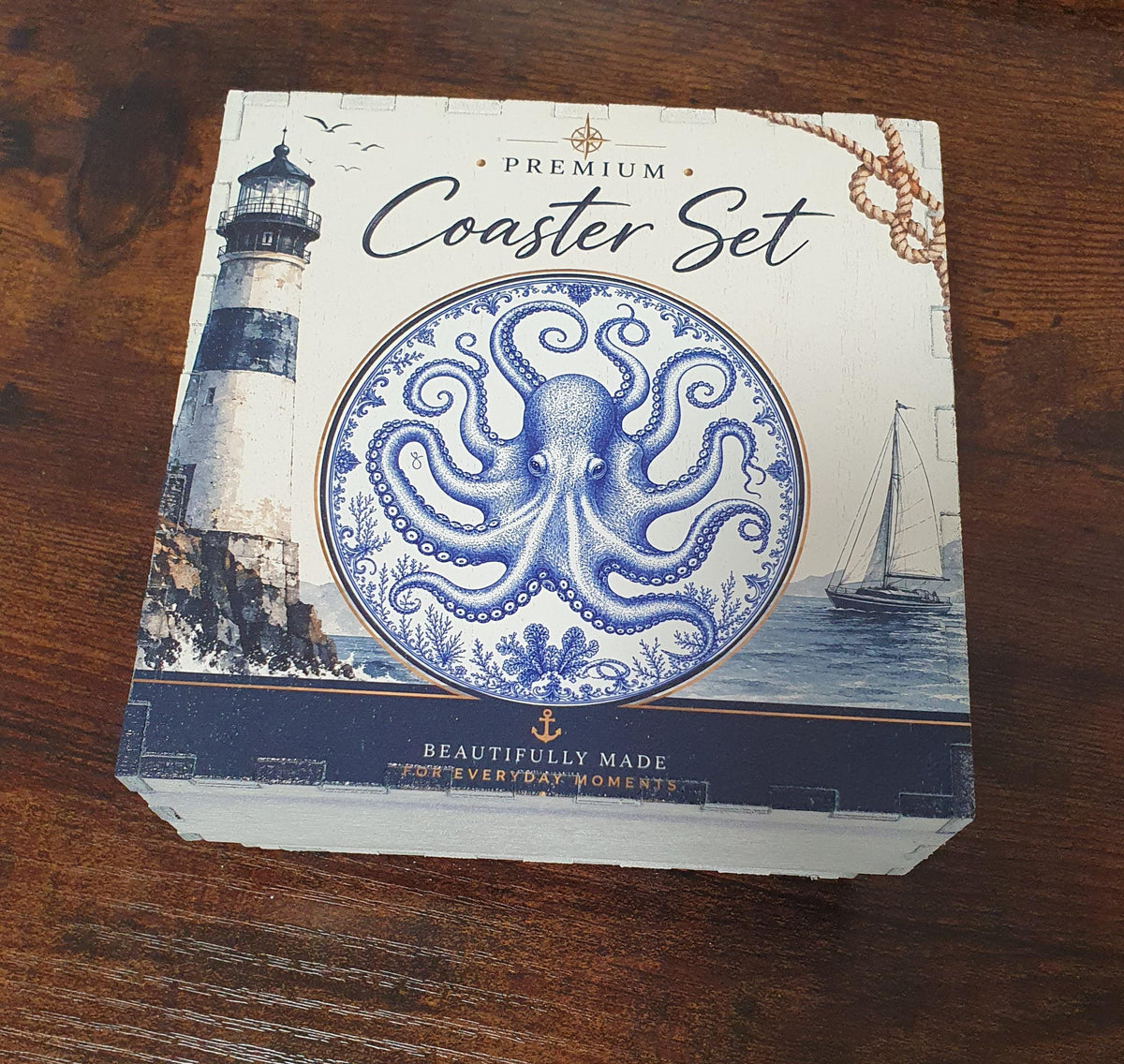 Nautical coaster collection displaying octopus, whale, jellyfish, manta ray, crab and seahorse designs.